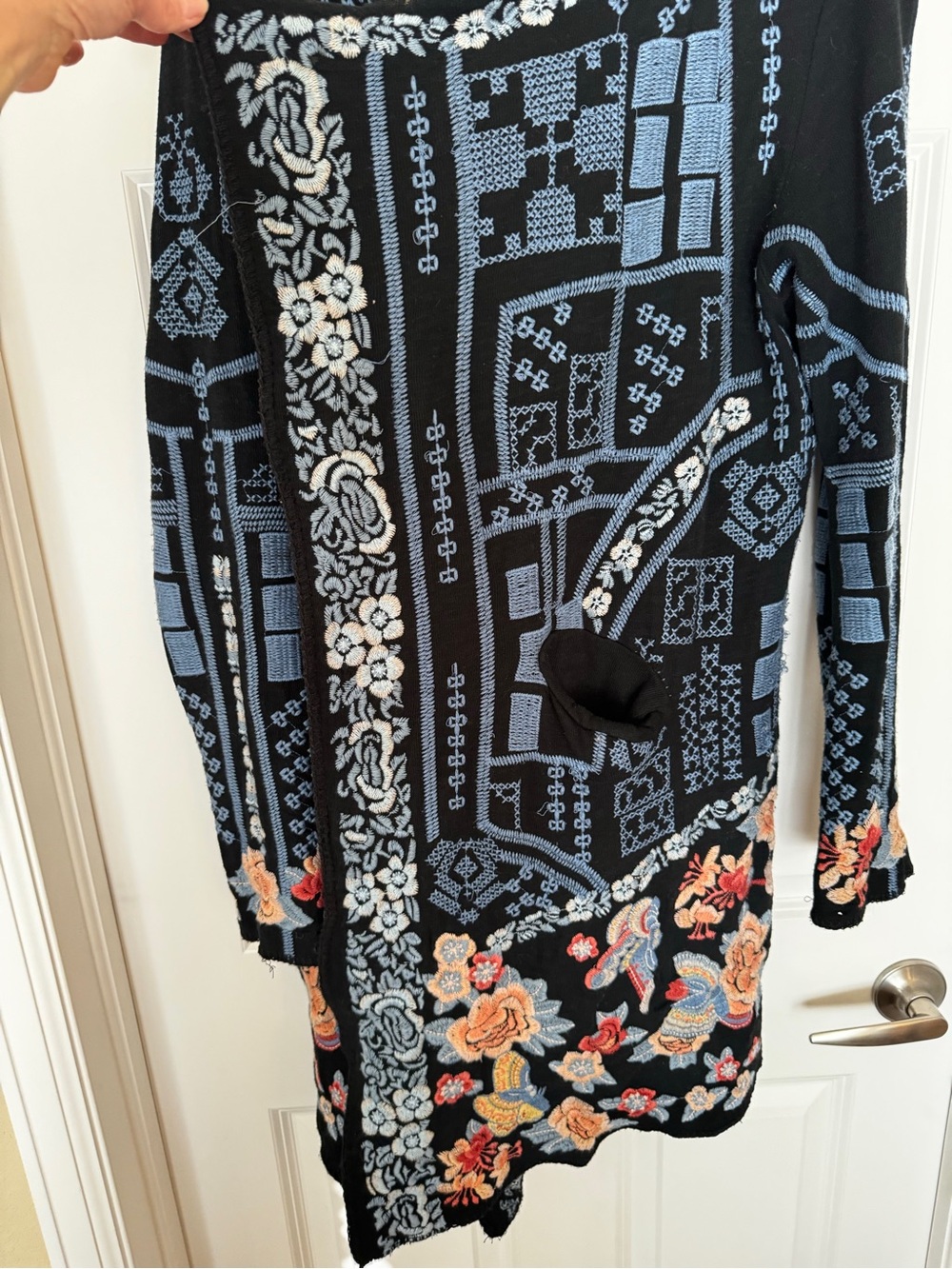 Johnny Was Black Draped Cardigan with Blue Geometric and Multicolor Floral Trim - Picture 5 of 11